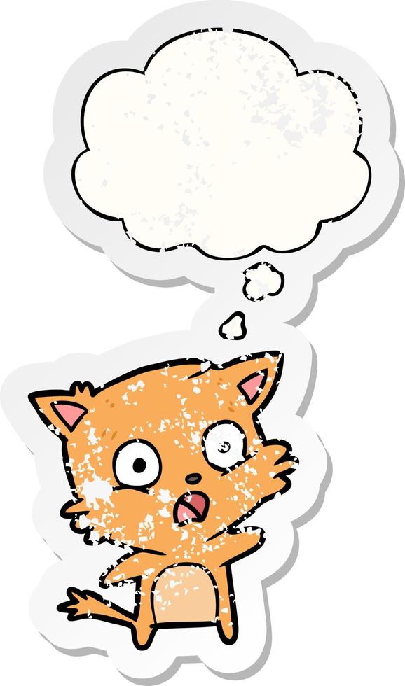 cartoon cat and thought bubble as a distressed worn sticker vector