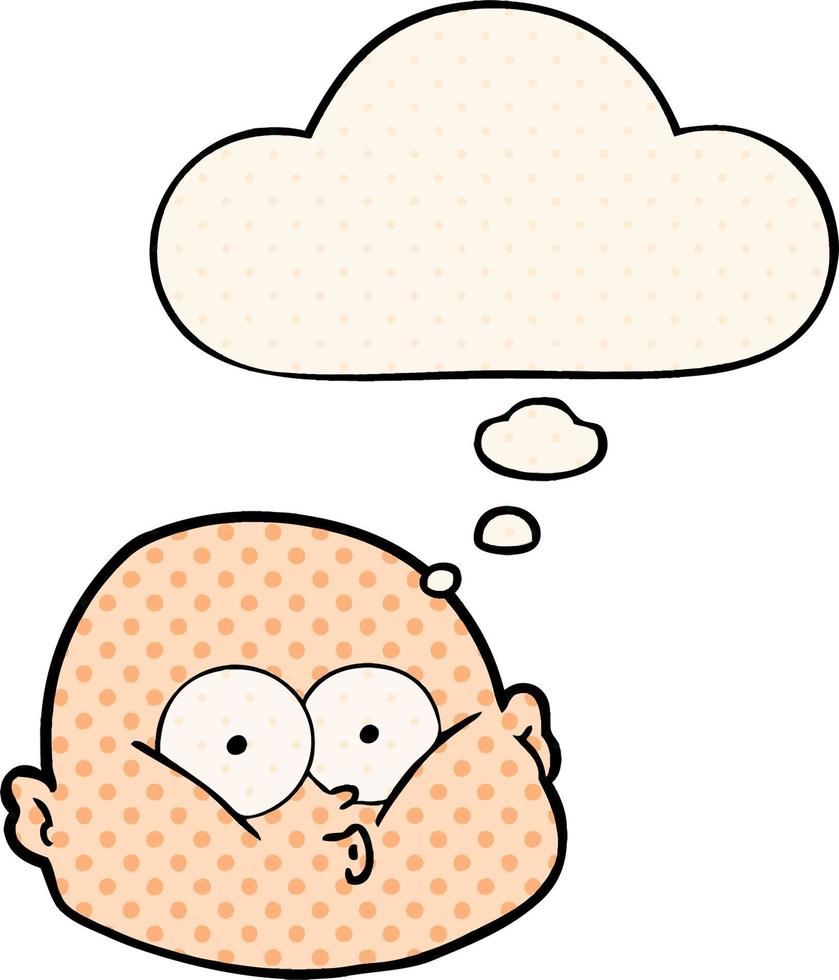 cartoon curious bald man and thought bubble in comic book style vector