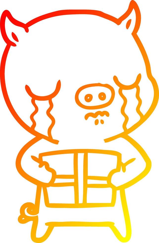 warm gradient line drawing cartoon pig crying over christmas present vector