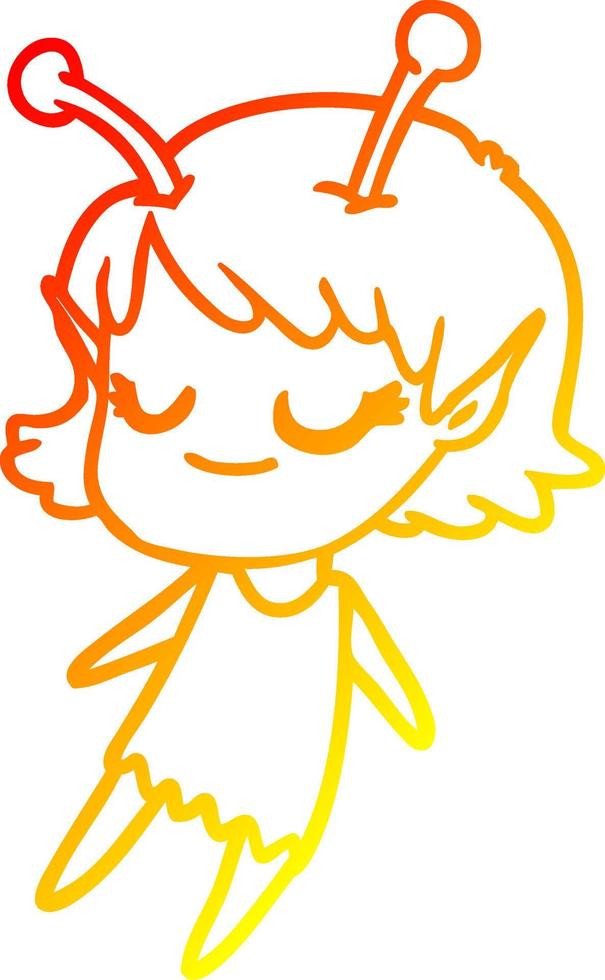 warm gradient line drawing smiling alien girl cartoon floating vector