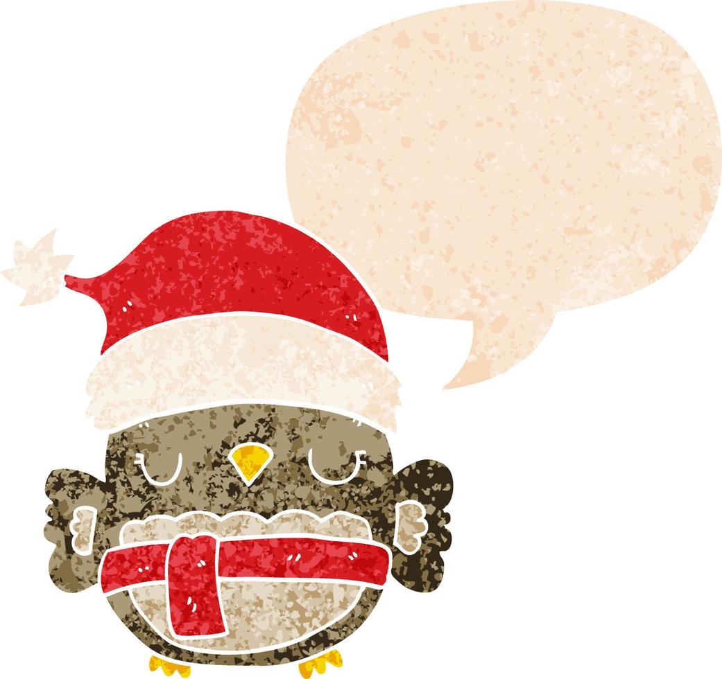 lindo búho navideño y burbuja de habla en estilo retro texturizado vector