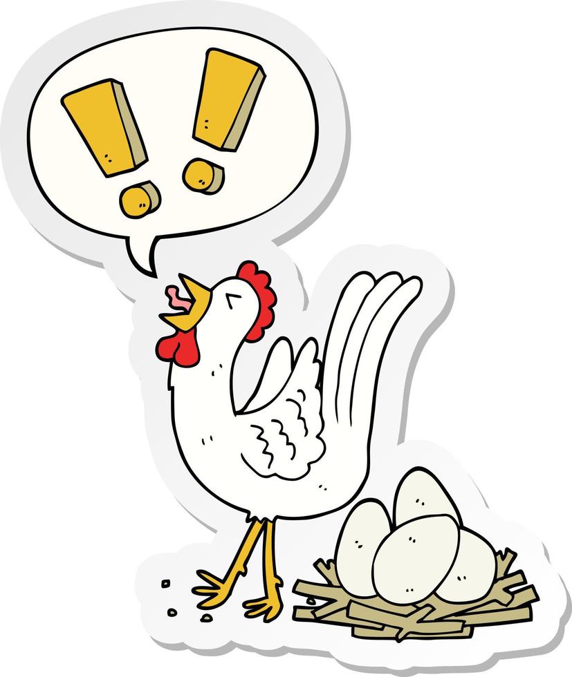 cartoon chicken laying egg and speech bubble sticker vector