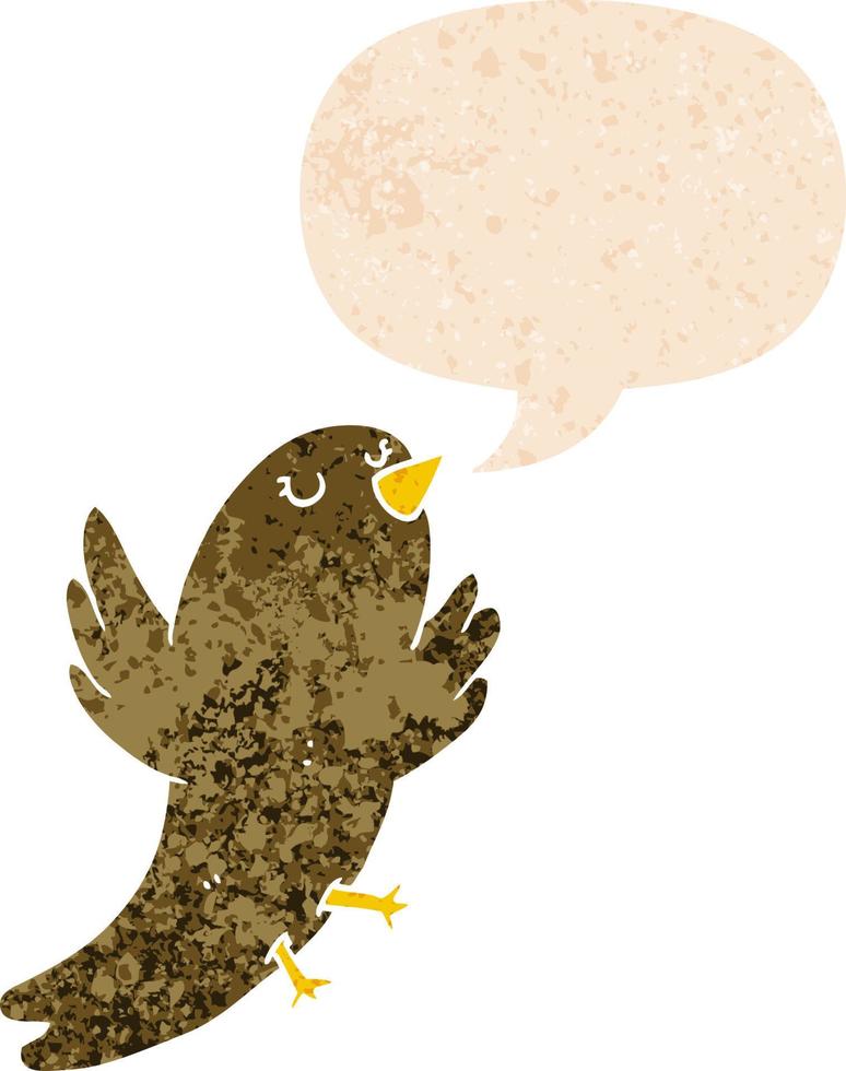 pájaro de dibujos animados y burbuja del habla en estilo retro texturizado vector