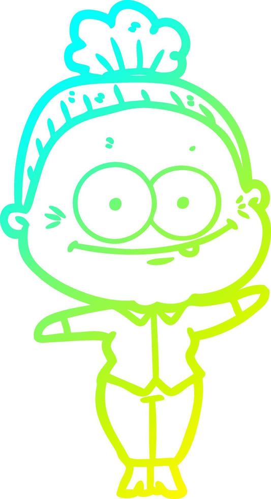 cold gradient line drawing cartoon happy old woman vector