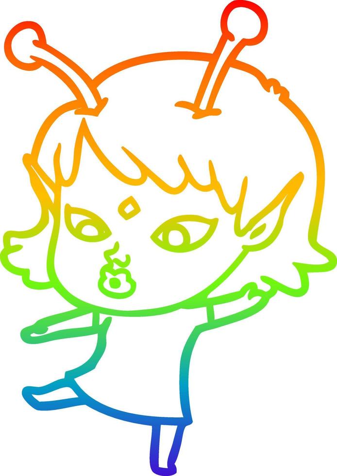 rainbow gradient line drawing pretty cartoon alien girl vector