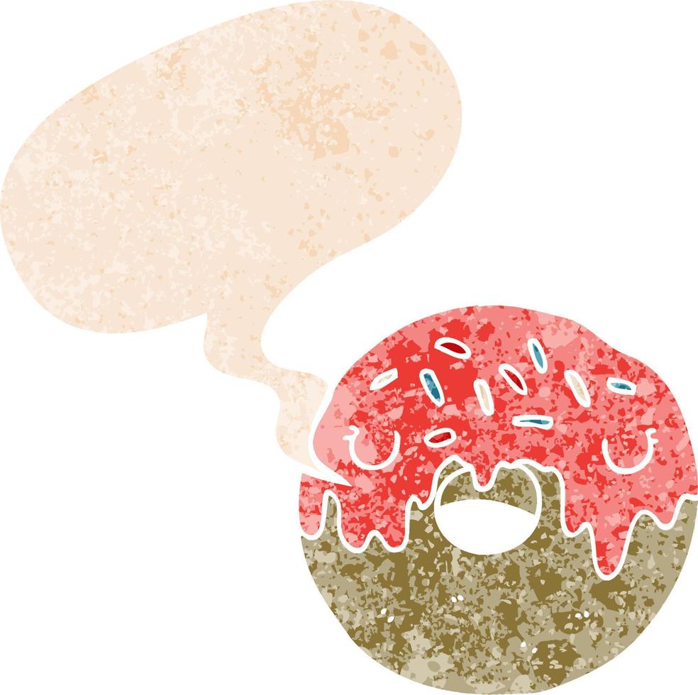 donut de dibujos animados y burbuja de habla en estilo retro texturizado vector