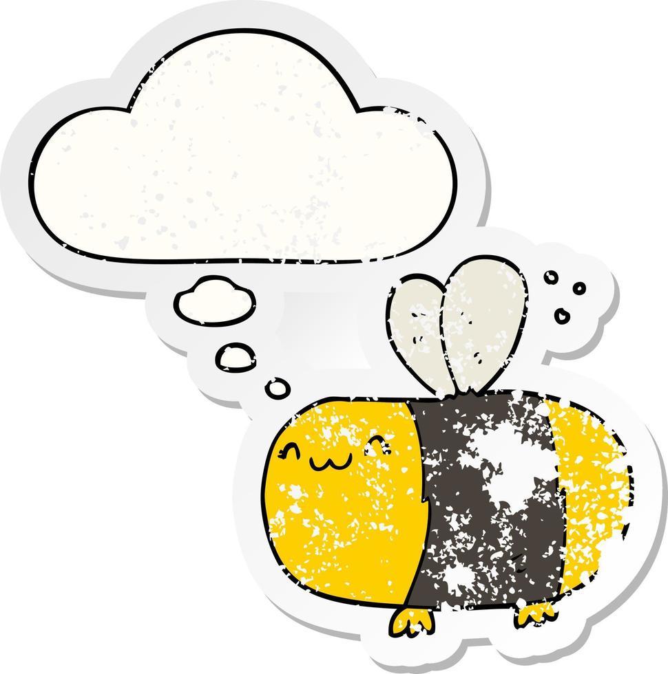 cute cartoon bee and thought bubble as a distressed worn sticker vector