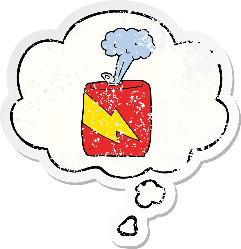 cartoon soda can and thought bubble as a distressed worn sticker vector