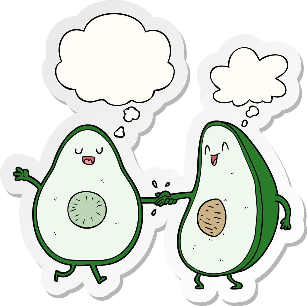 dibujos animados de aguacates bailando y burbujas de pensamiento como una pegatina impresa vector