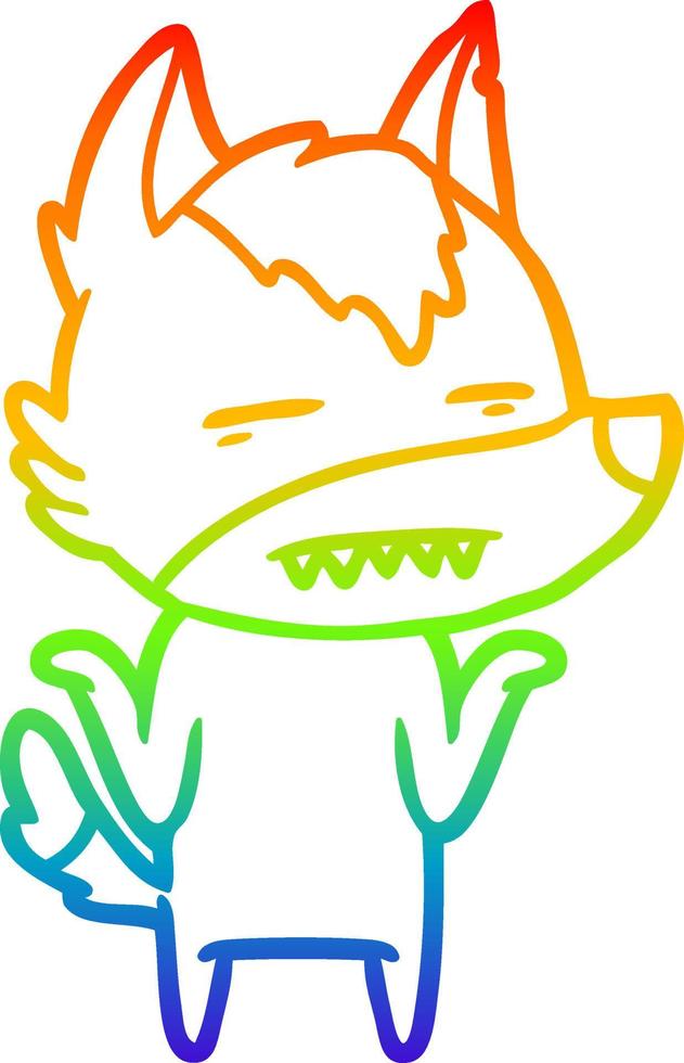 rainbow gradient line drawing cartoon wolf showing teeth vector