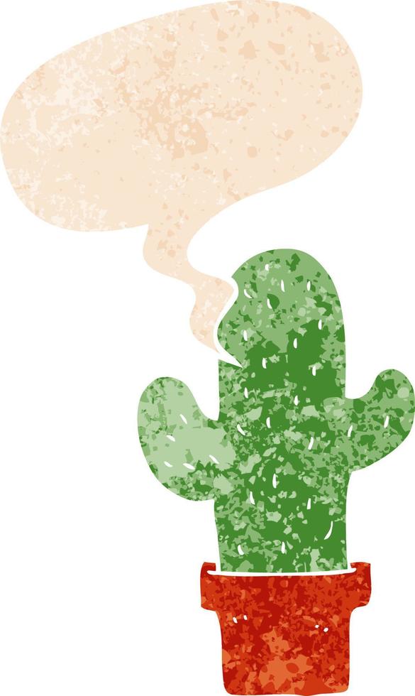 cartoon cactus and speech bubble in retro textured style vector