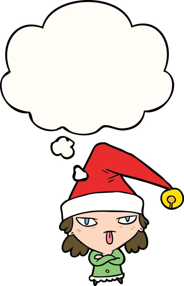 chica de dibujos animados con sombrero de navidad y burbuja de pensamiento vector