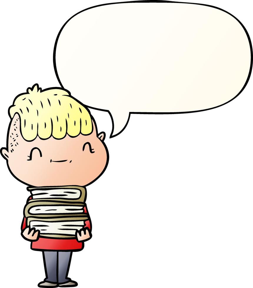 cartoon friendly boy and books and speech bubble in smooth gradient style vector