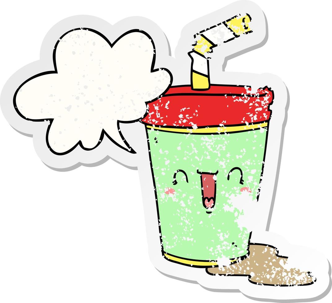 cute cartoon soda and speech bubble distressed sticker vector