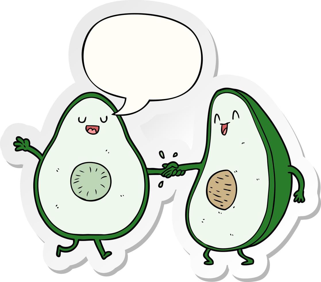 dibujos animados bailando aguacates y pegatina de burbujas de discurso vector