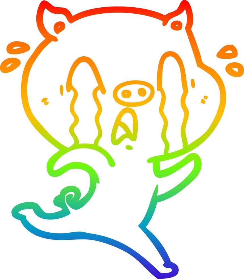 rainbow gradient line drawing crying pig cartoon vector