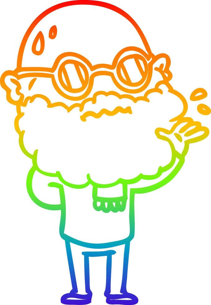 rainbow gradient line drawing cartoon worried man with beard and spectacles vector