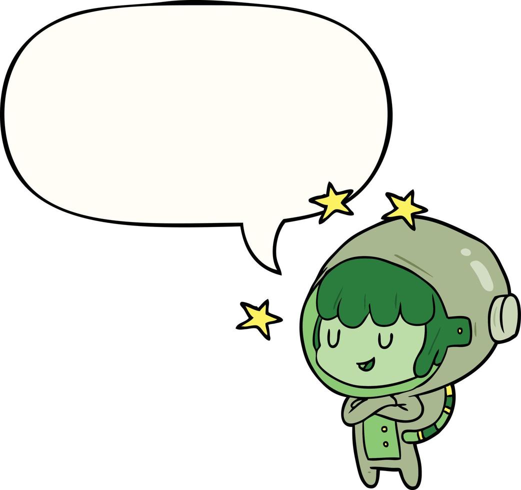 cartoon female future astronaut in space suit and speech bubble vector