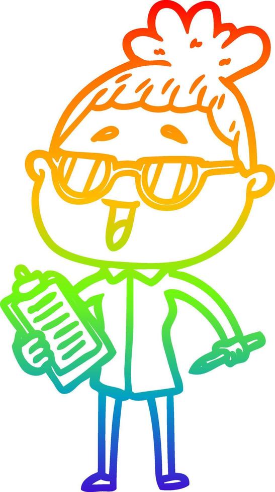 rainbow gradient line drawing cartoon happy woman wearing spectacles vector