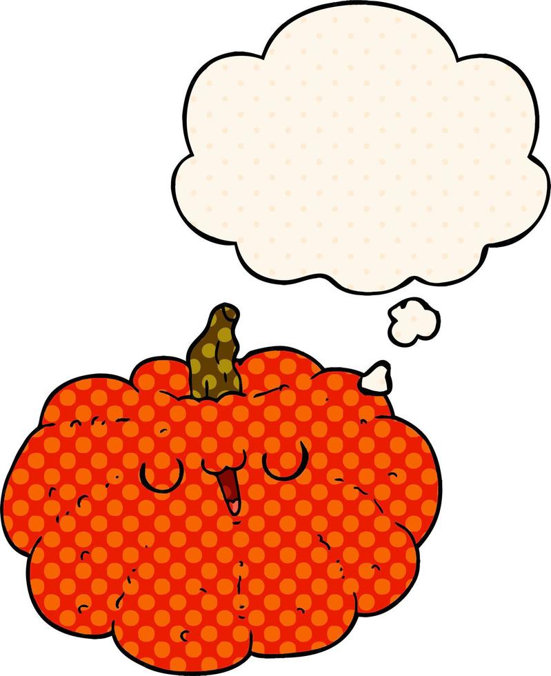 happy cartoon pumpkin and thought bubble in comic book style vector