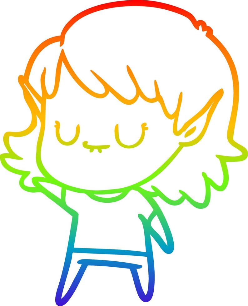 rainbow gradient line drawing happy cartoon elf girl vector