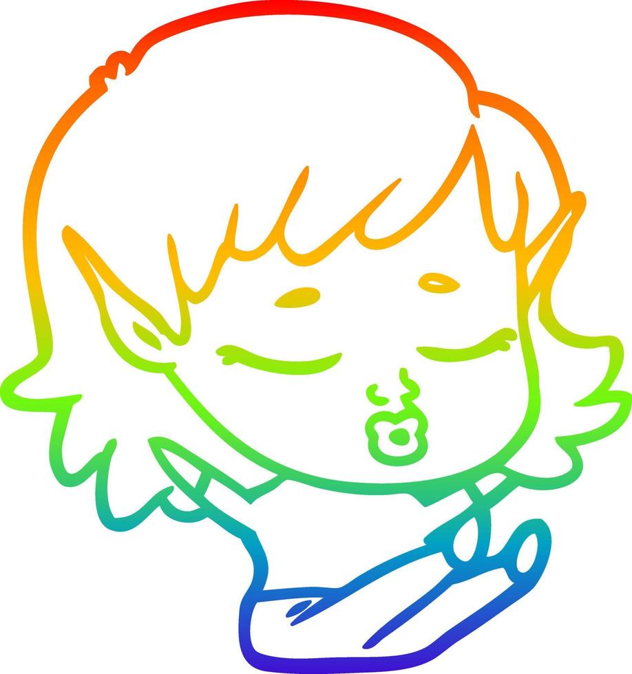 rainbow gradient line drawing pretty cartoon elf girl sitting vector