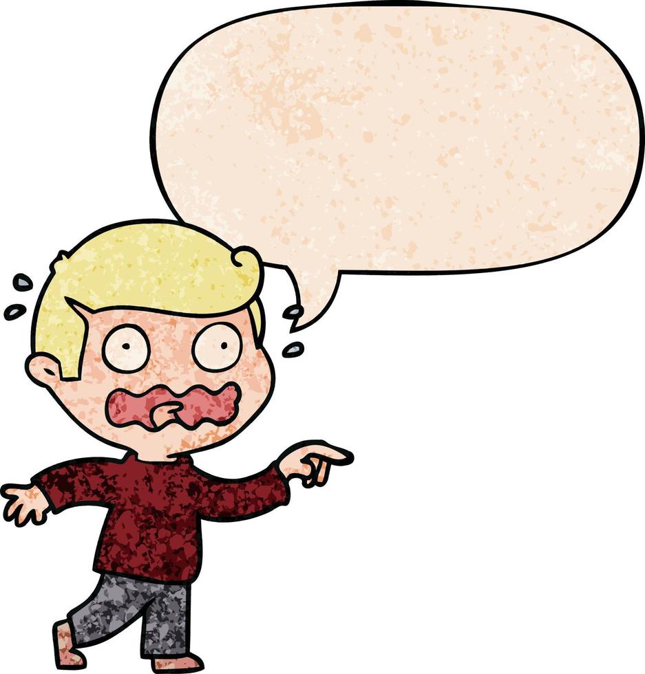 cartoon stressed out pointing and speech bubble in retro texture style vector