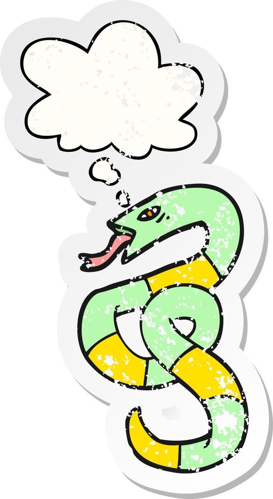 cartoon snake and thought bubble as a distressed worn sticker vector