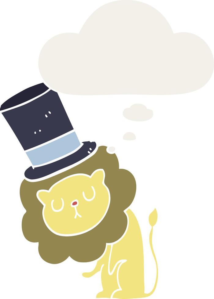 cute cartoon lion wearing top hat and thought bubble in retro style vector