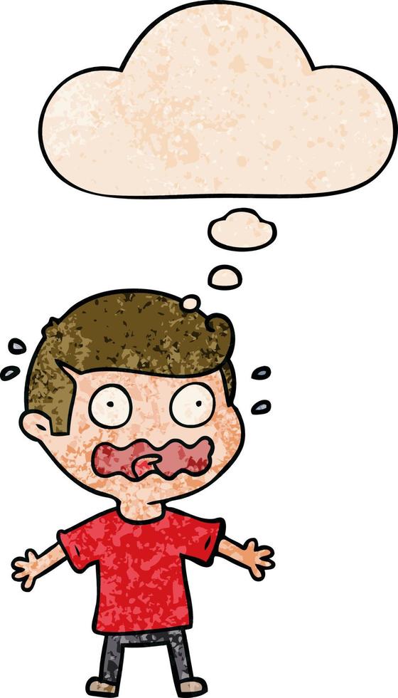 cartoon man totally stressed out and thought bubble in grunge texture pattern style vector