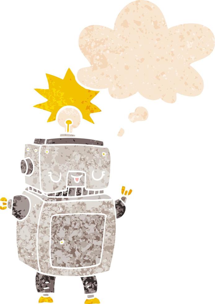 cartoon robot and thought bubble in retro textured style vector