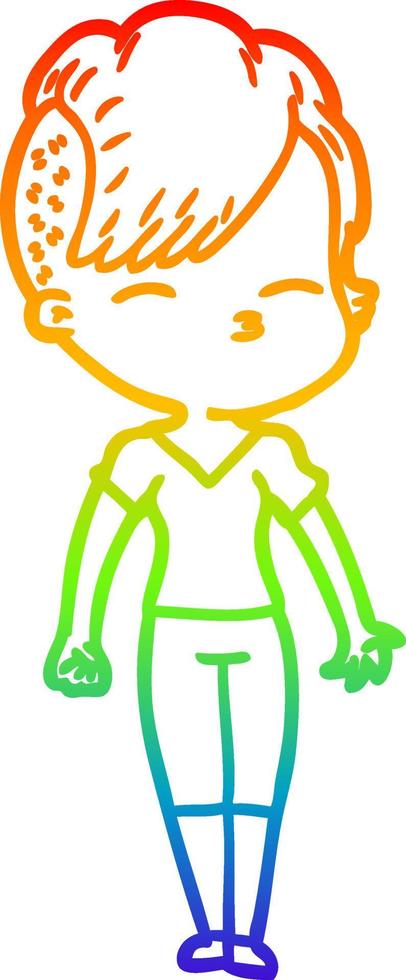 rainbow gradient line drawing cartoon squinting girl vector