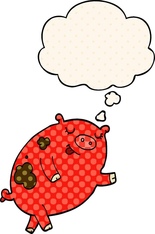 cartoon dancing pig and thought bubble in comic book style vector