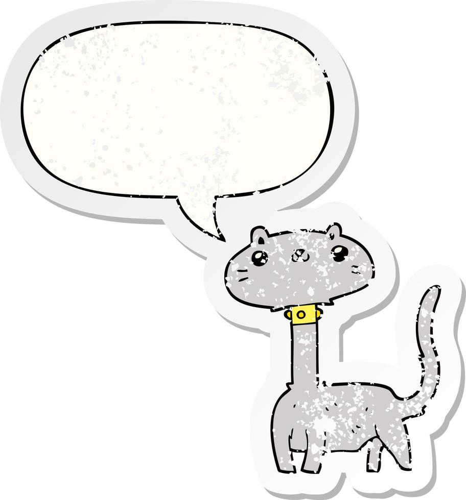 cartoon cat and speech bubble distressed sticker vector