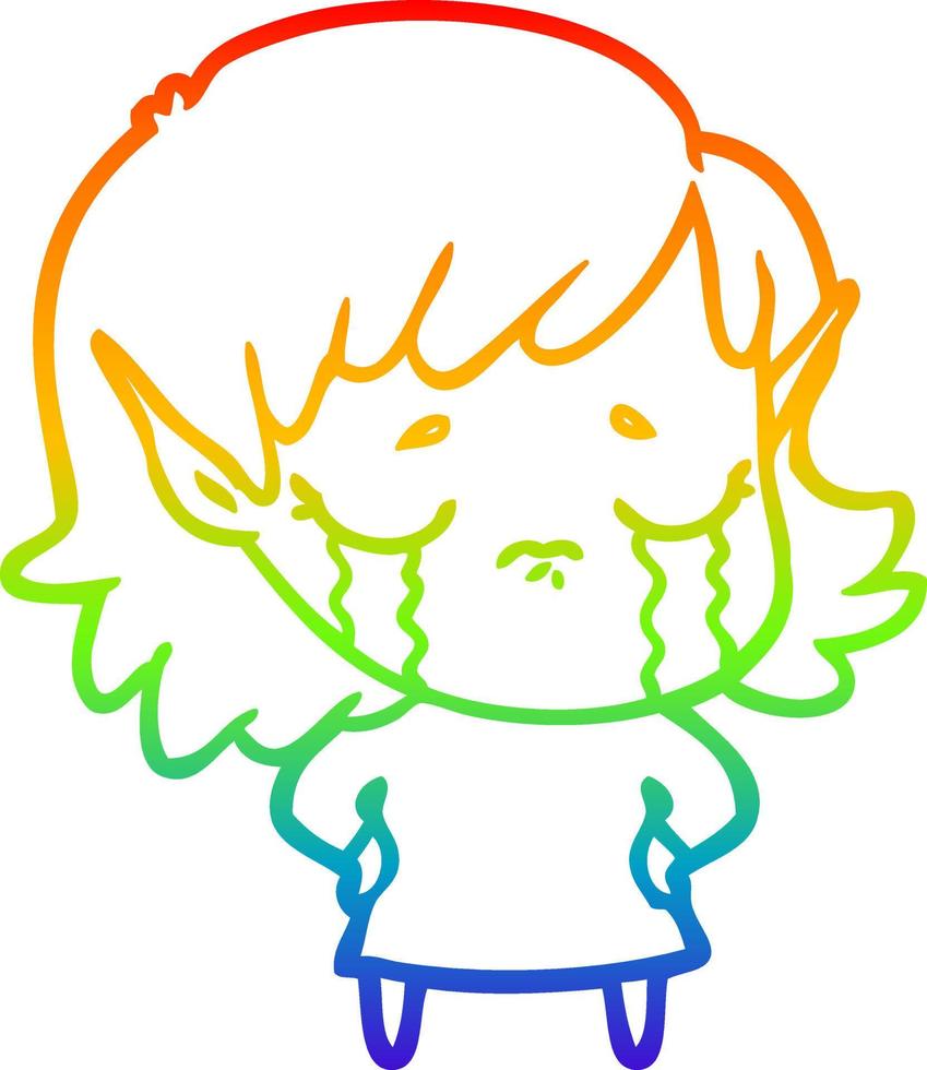 rainbow gradient line drawing cartoon crying elf girl vector