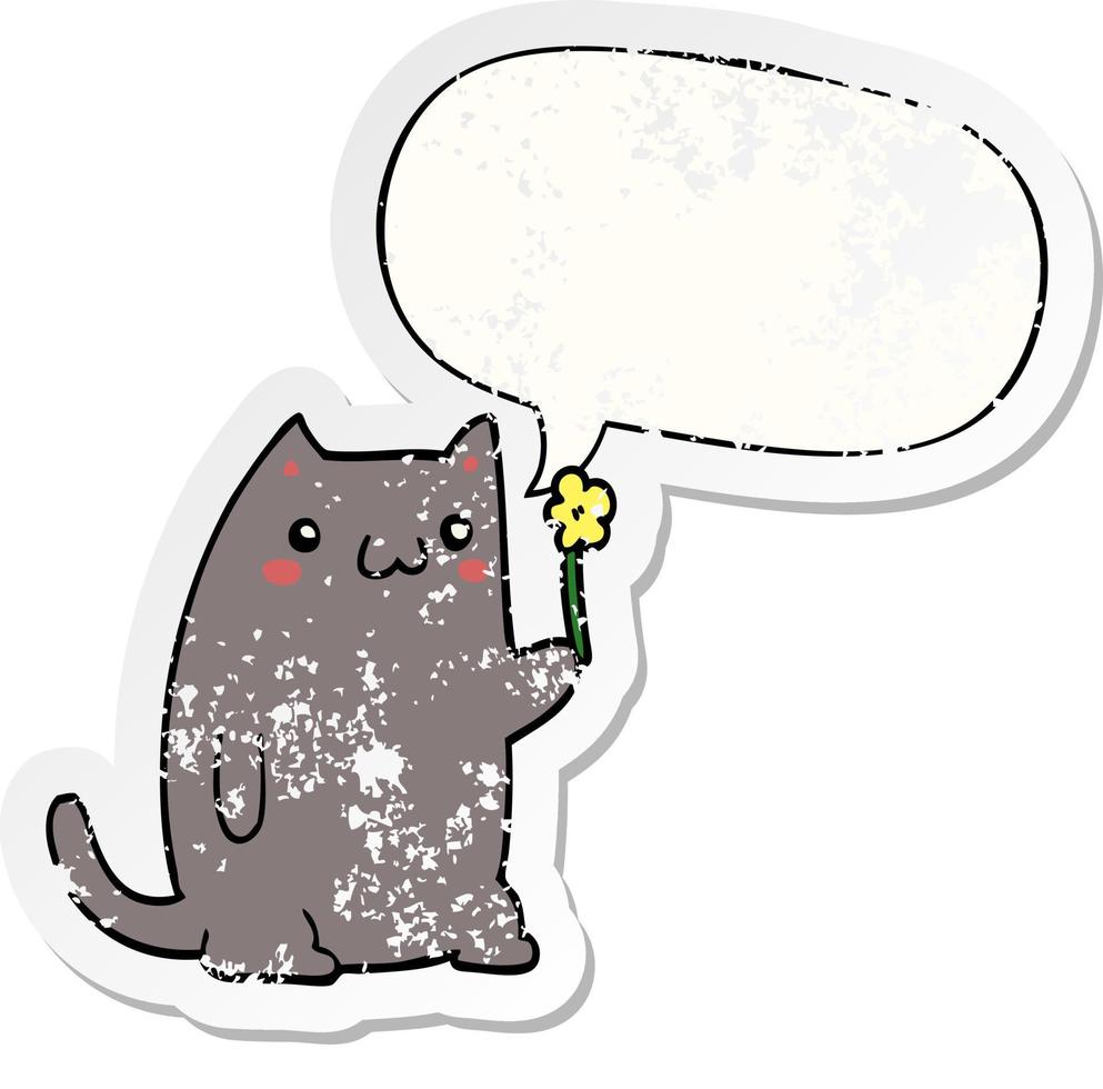 cute cartoon cat and speech bubble distressed sticker vector