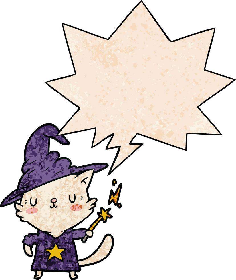 magical amazing cartoon cat wizard and speech bubble in retro texture style vector