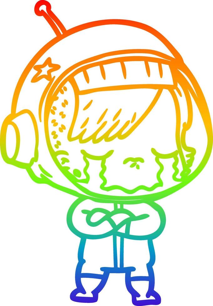 rainbow gradient line drawing cartoon crying astronaut girl vector