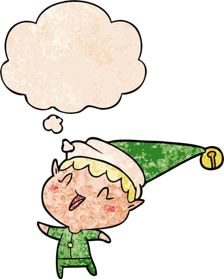 cartoon happy christmas elf and thought bubble in grunge texture pattern style vector