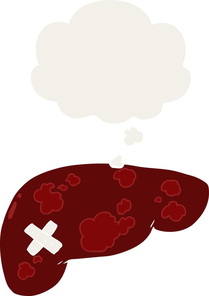 cartoon unhealthy liver and thought bubble in retro style vector