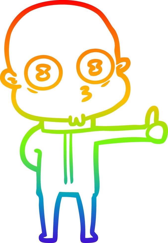 rainbow gradient line drawing cartoon weird bald spaceman giving thumbs up vector