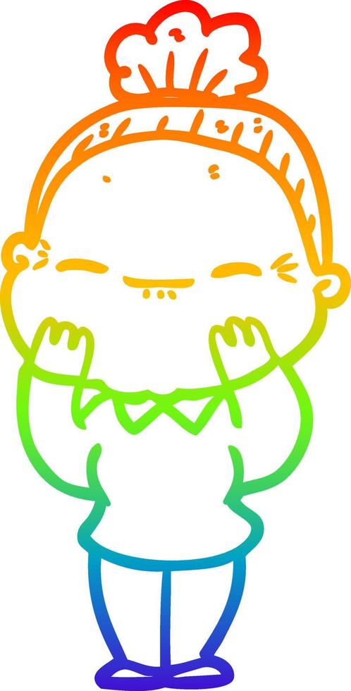 rainbow gradient line drawing cartoon peaceful old woman vector