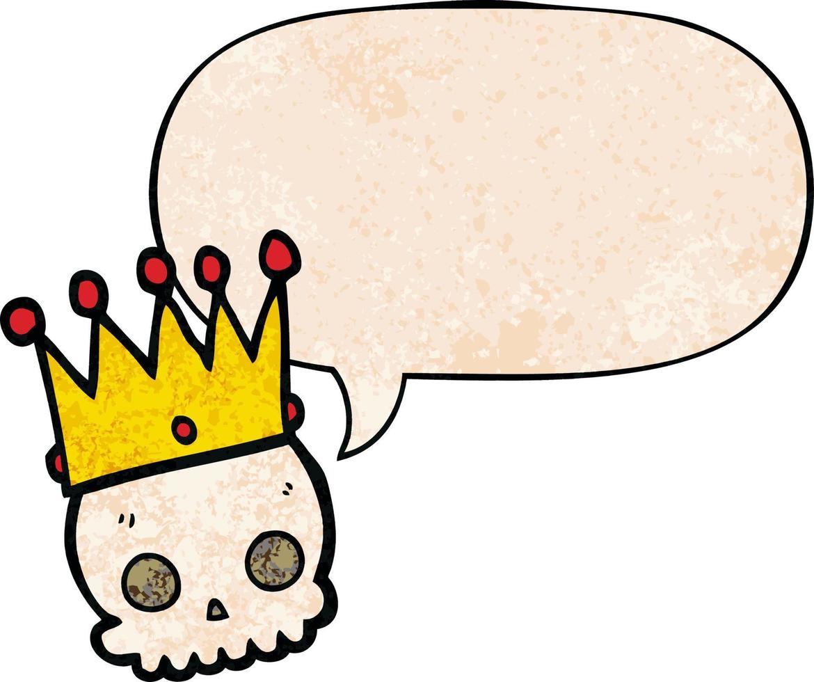 cartoon skull and crown and speech bubble in retro texture style vector