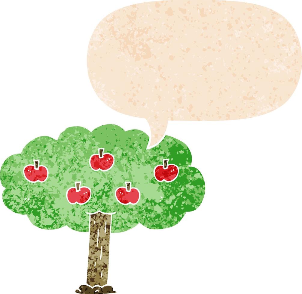 cartoon apple tree and speech bubble in retro textured style vector