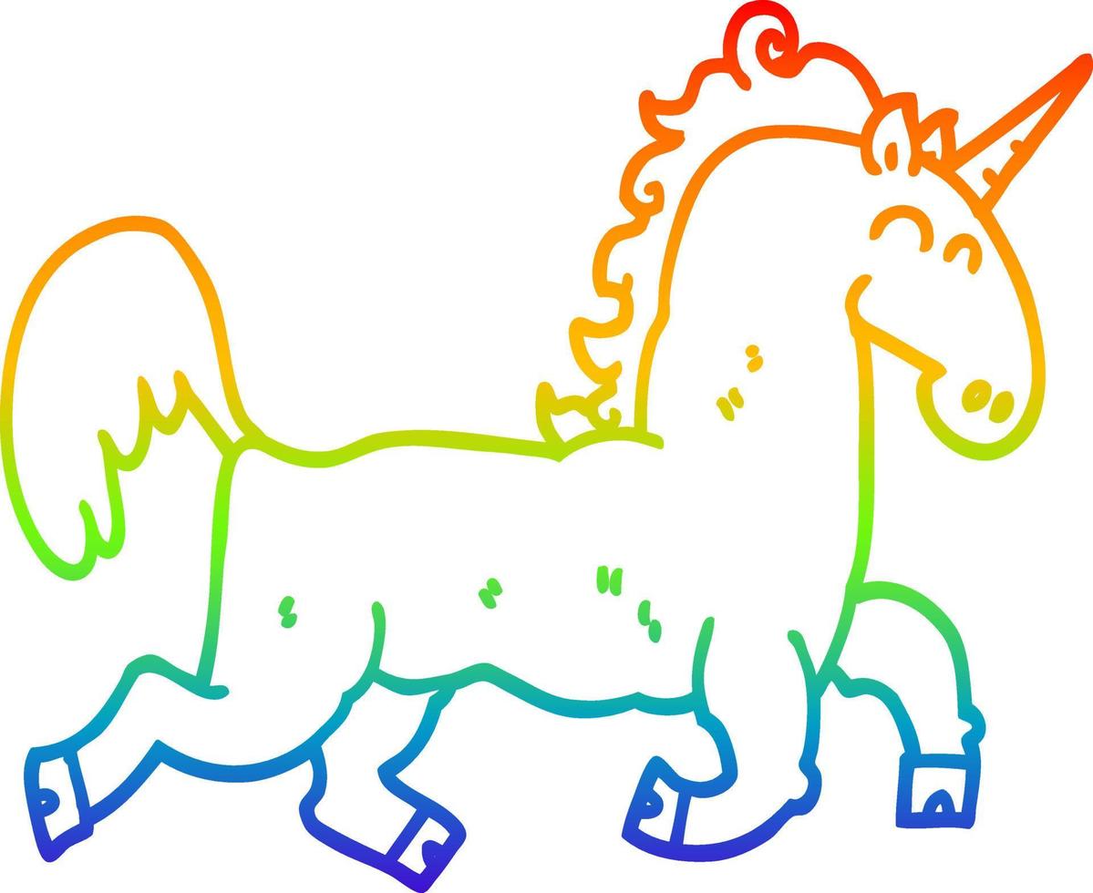 unicornio de dibujos animados de dibujo de línea de gradiente de arco iris vector