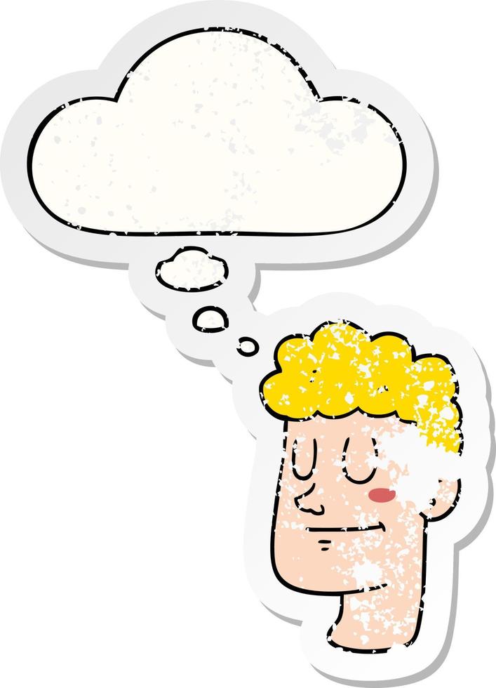 cartoon male face and thought bubble as a distressed worn sticker vector