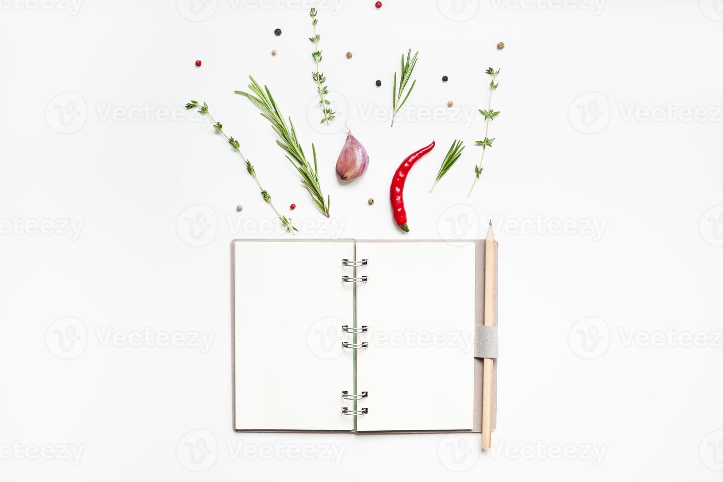 Blank notepad pages with greens herbs and spices photo