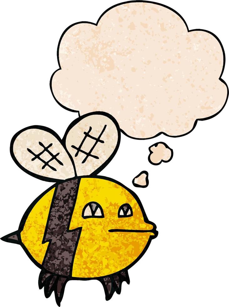 cartoon bee and thought bubble in grunge texture pattern style vector