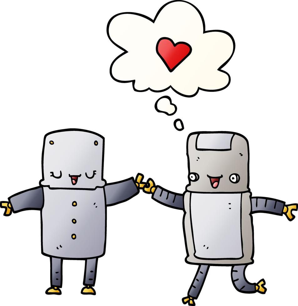 cartoon robots in love and thought bubble in smooth gradient style vector