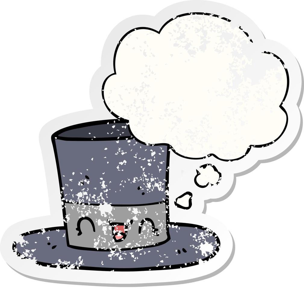 cartoon top hat and thought bubble as a distressed worn sticker vector